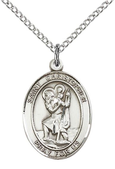 STERLING SILVER ST. CHRISTOPHER PENDANT ON A CHAIN - 3/4" x 1/2"
